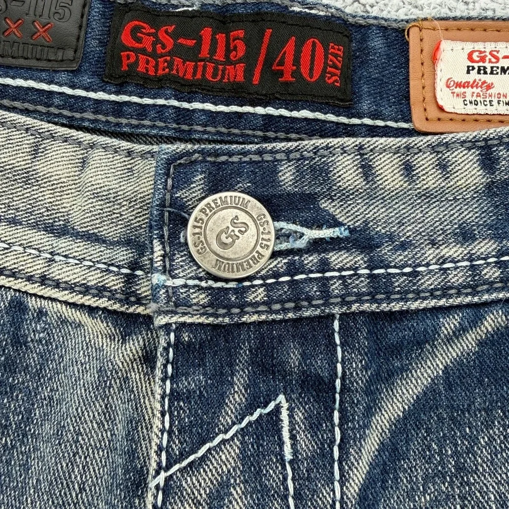 GS-115 Jean Short Mens 40 Blue Baggy Stitched Flap Pocket Distressed Hip Hop Y2K